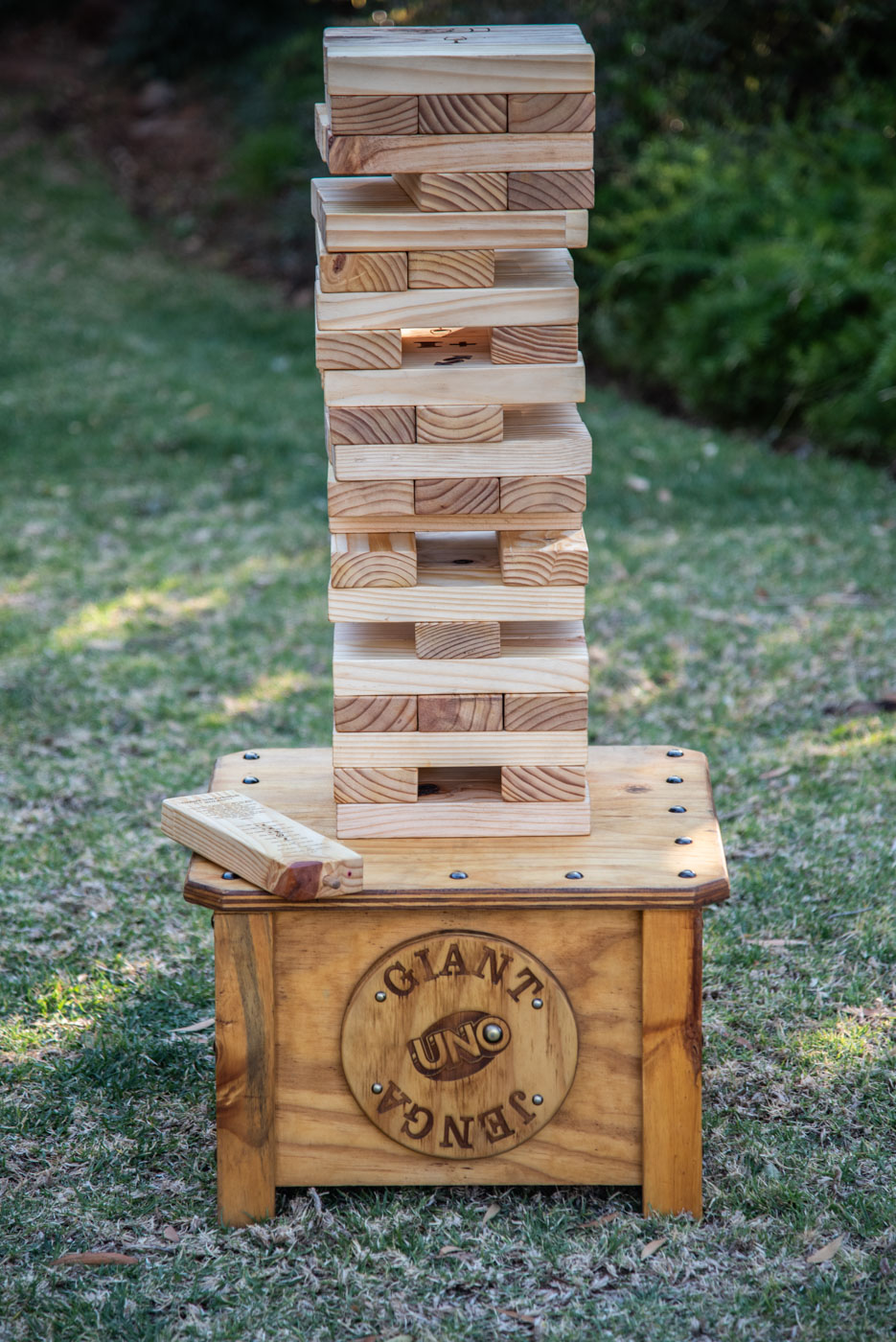 Lawngames Giant Uno Jenga made of wood for hire