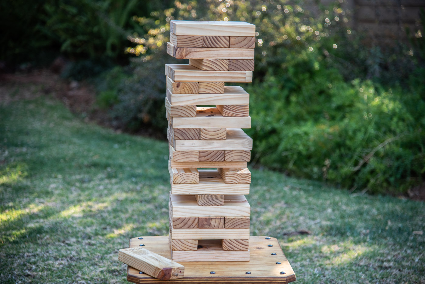 Jenga Uno made of wood for hire. Fun party games